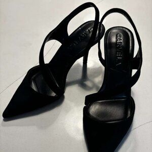 Carvela single-cross strap sling back court black suede shoes sz 36